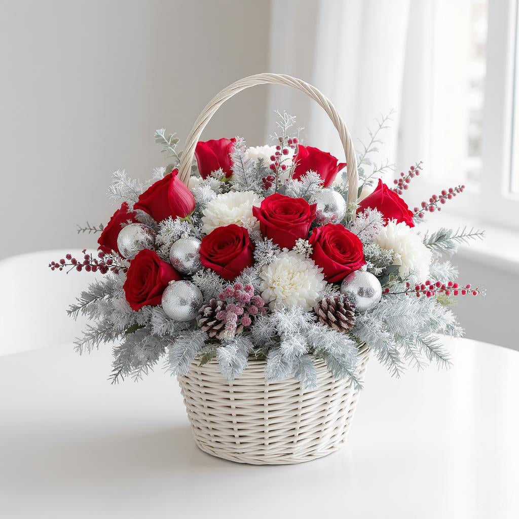 Deluxe size Christmas basket arrangement featuring additional red roses, white mums, pine greenery, and silver eucalyptus in a white woven basket — Same-day flowers Carlsbad.