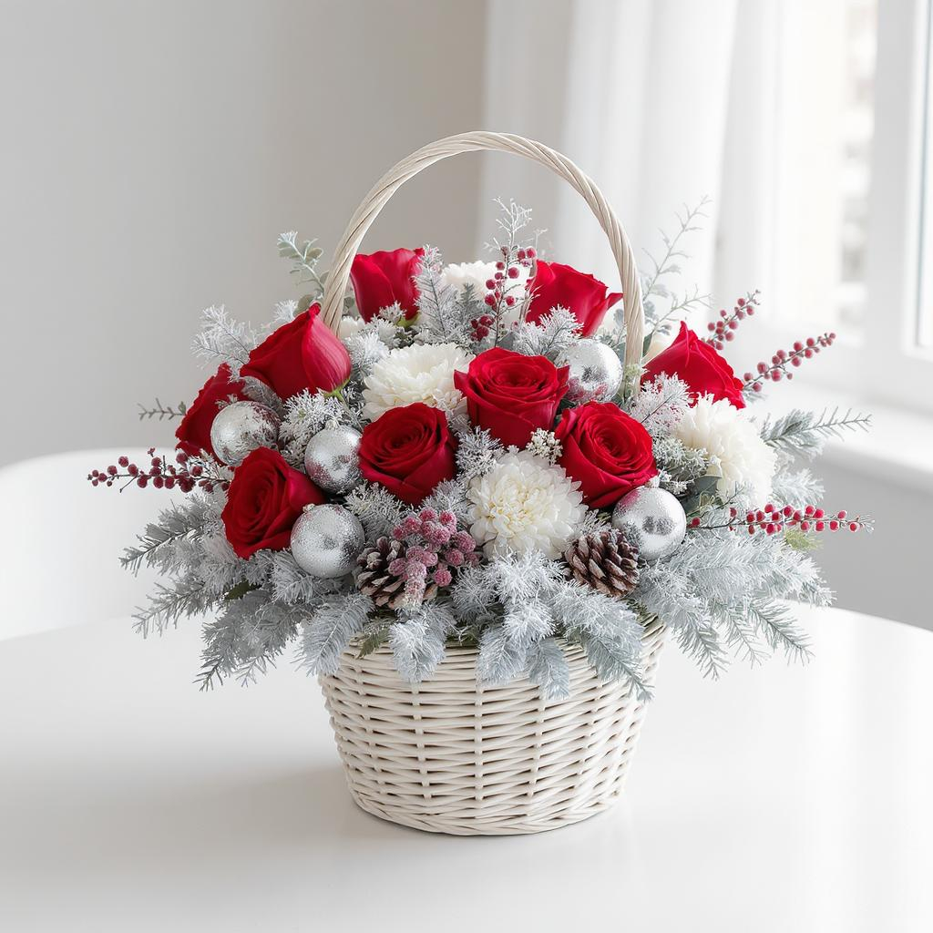 Winter Frost Basket – Red Roses & Snowy Pine Christmas Arrangement