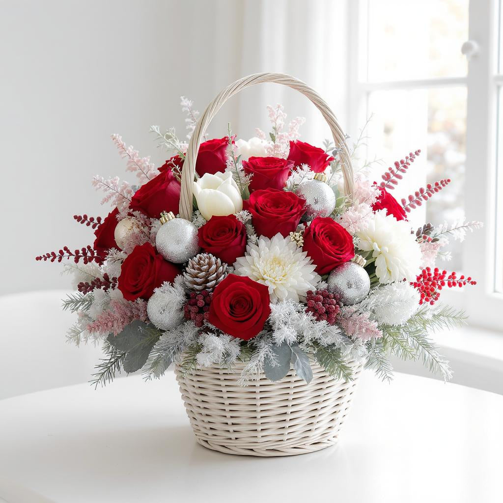 Premium size Christmas basket arrangement with extra red roses, white mums, pine greenery, and silver eucalyptus in a white woven basket — Same-day flowers Carlsbad.