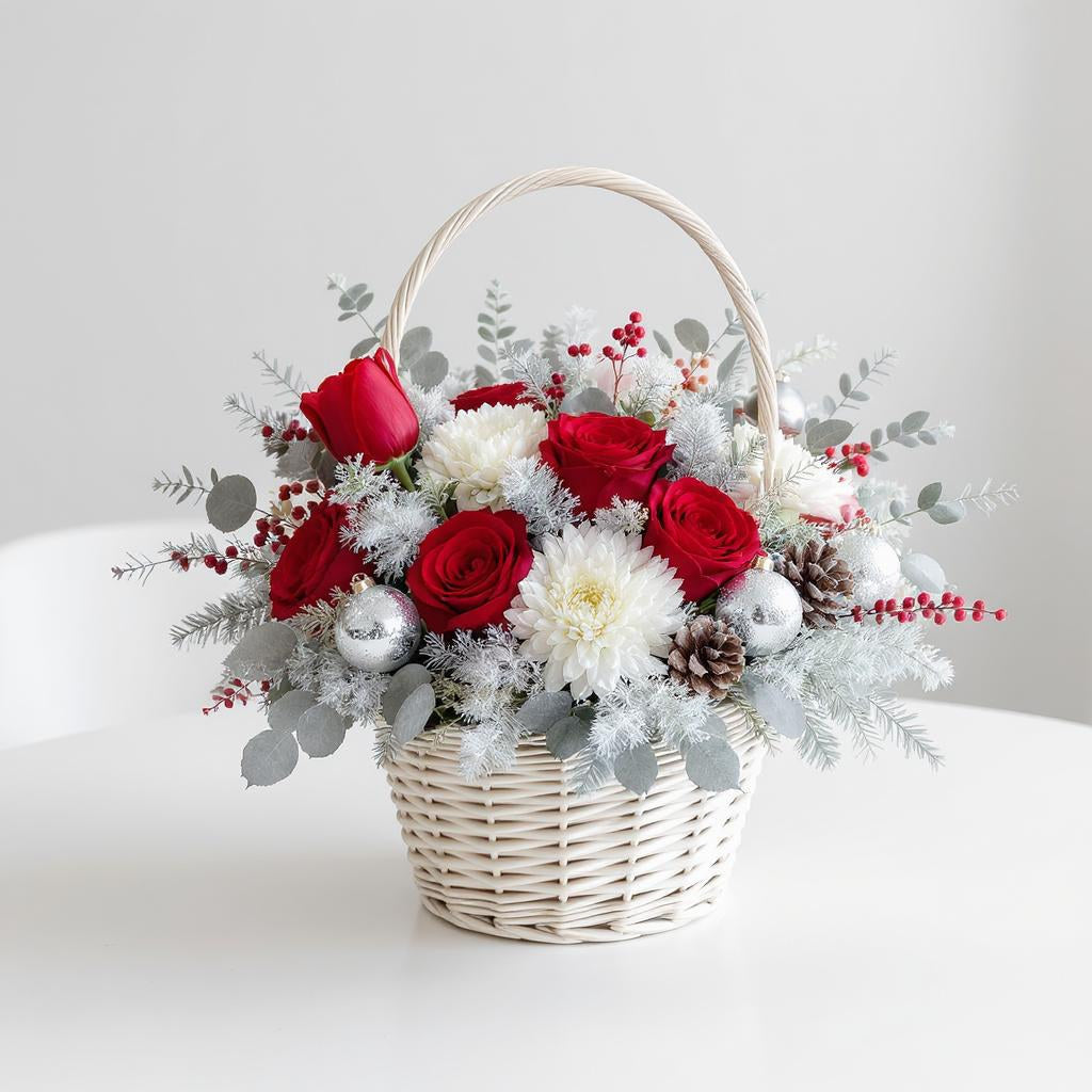 Regular size Christmas basket arrangement with red roses, white mums, pine greenery, and silver eucalyptus in a white woven basket — Same-day flowers Carlsbad.