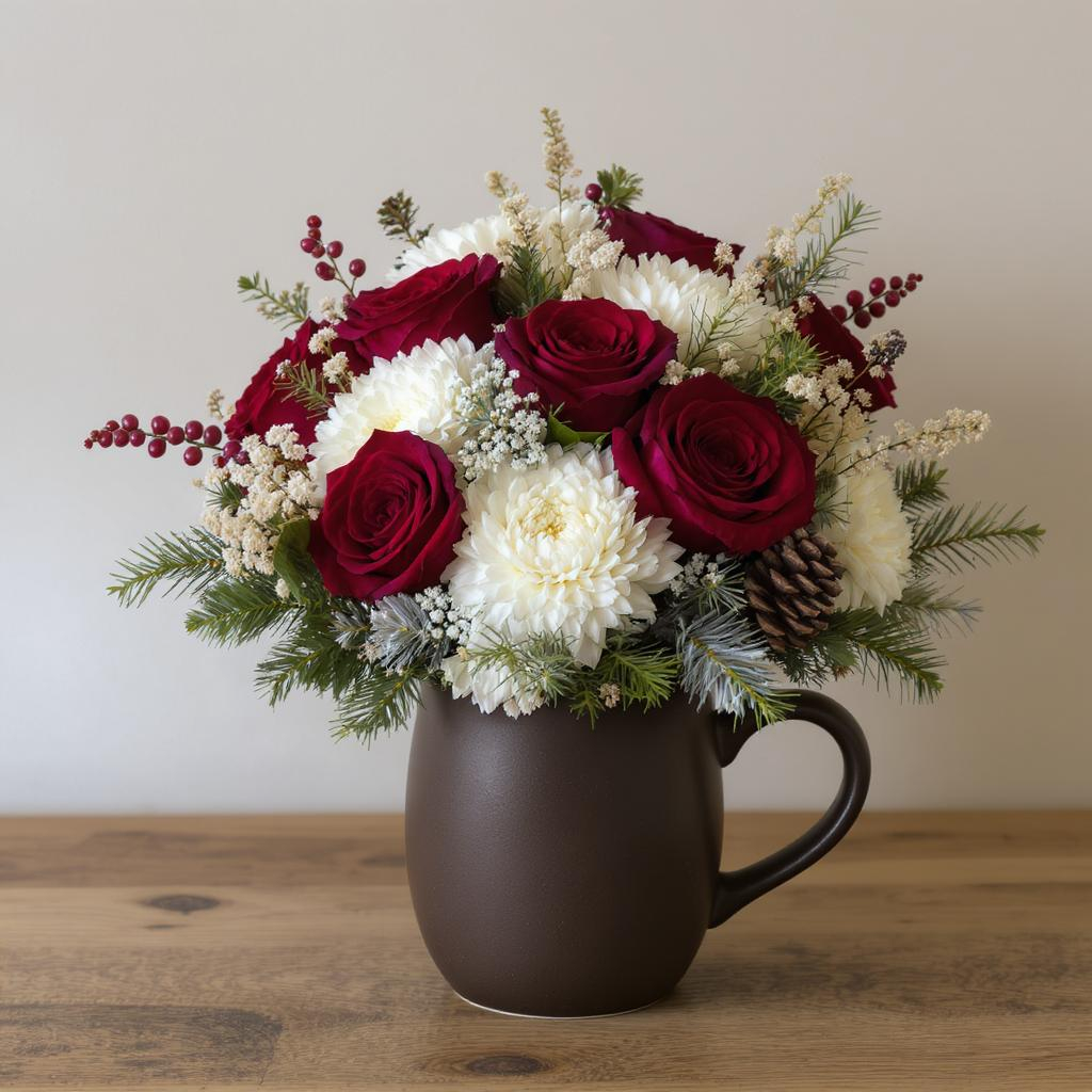 Holiday Cheer Mug – Red Rose & Pine Mini Christmas Arrangement