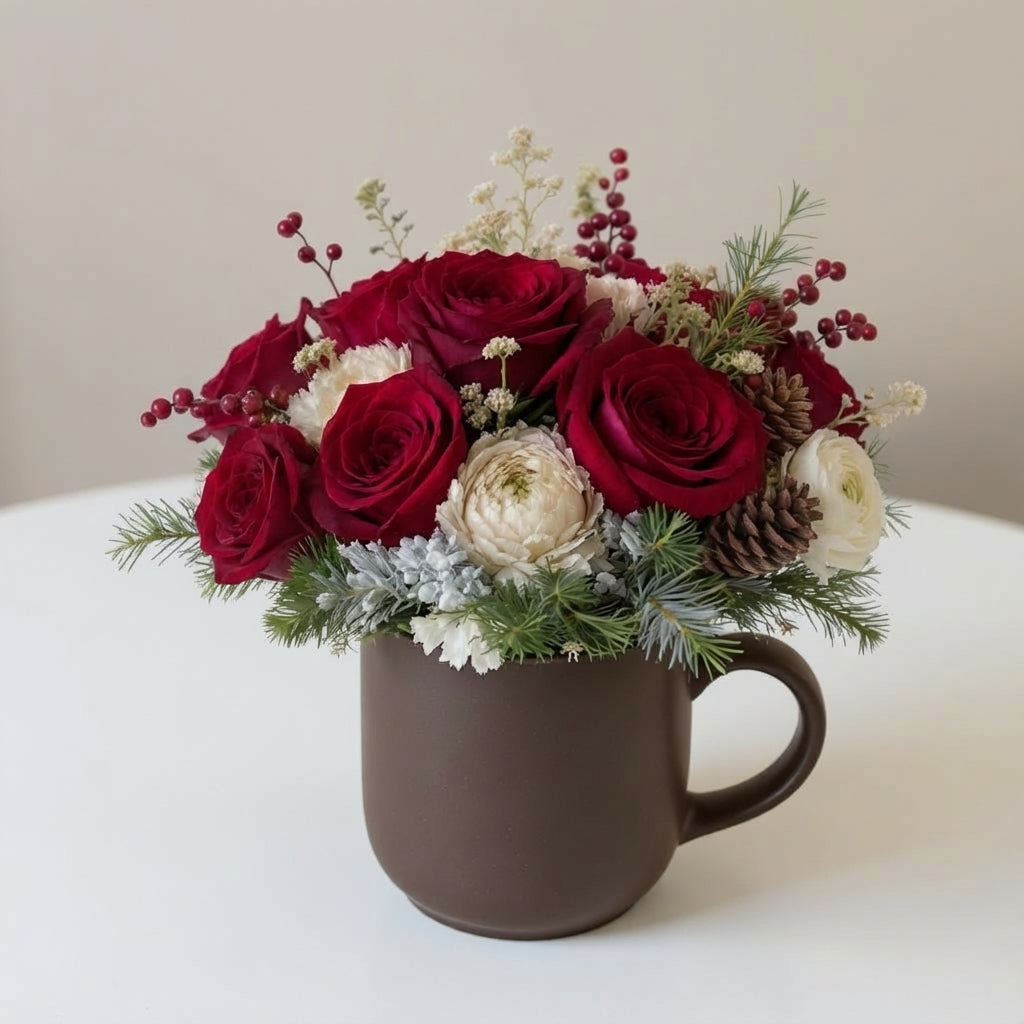 Regular size Christmas flower arrangement with red roses, white mums, winter greenery, and berries in a brown ceramic mug — Fresh flowers Carlsbad CA.