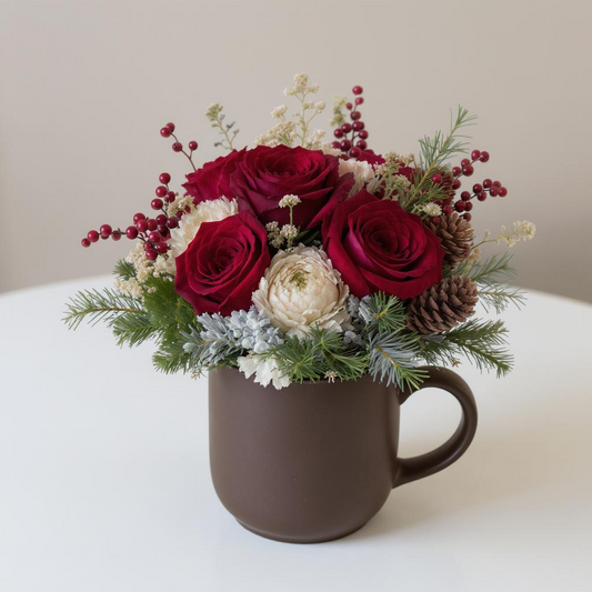 Holiday Cheer Mug – Red Rose & Pine Mini Christmas Arrangement