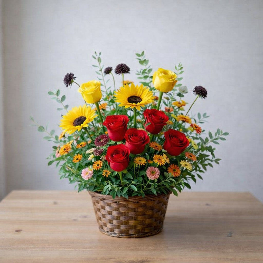 Golden Meadow Bloom Basket with sunflowers and red roses delivered in Oceanside CA