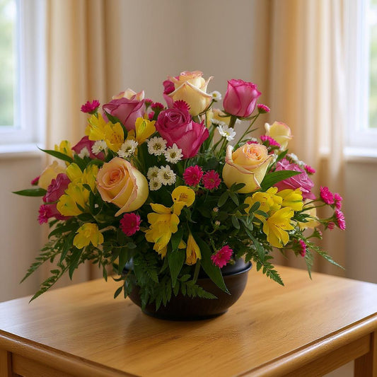 Top view vibrant mixed flower arrangement with pink, yellow, and white blooms in a round black ceramic bowl on a wooden table - Fresh flowers Escondido CA.