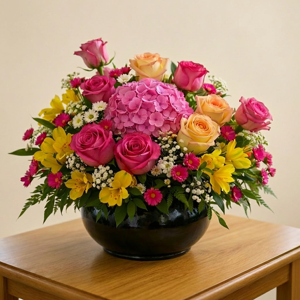 Sunshine Rose Garden Bowl arrangement with pink hydrangea, pink and peach roses, yellow alstroemeria, white daisies, and hot pink button mums in a black ceramic bowl – San Marcos florist delivery
