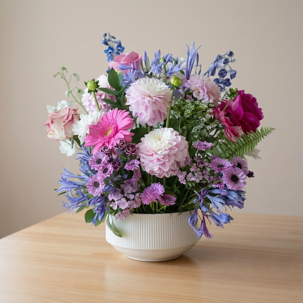 Pink and lavender flower bowl arrangement with soft garden blooms