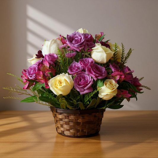 Royal Rose Garden – Purple & Ivory Basket Arrangement