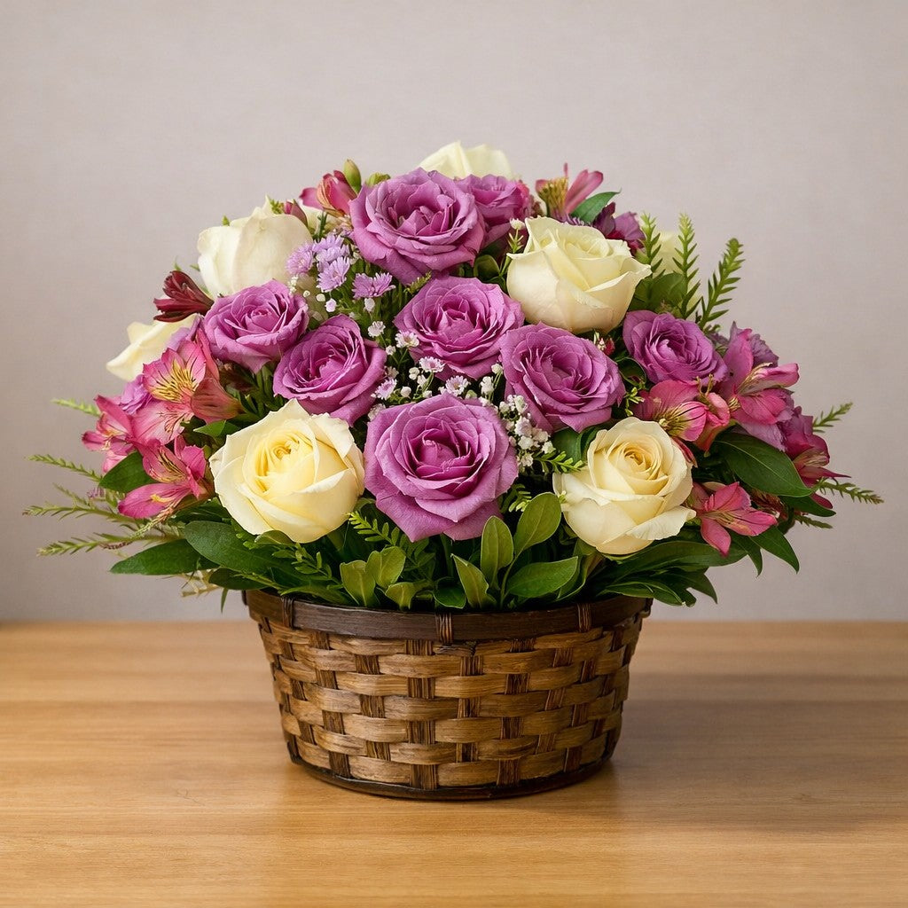 Flower basket arrangement with purple roses, cream roses, greenery, and filler flowers in a woven wicker basket on a wooden table - Carlsbad flower delivery.