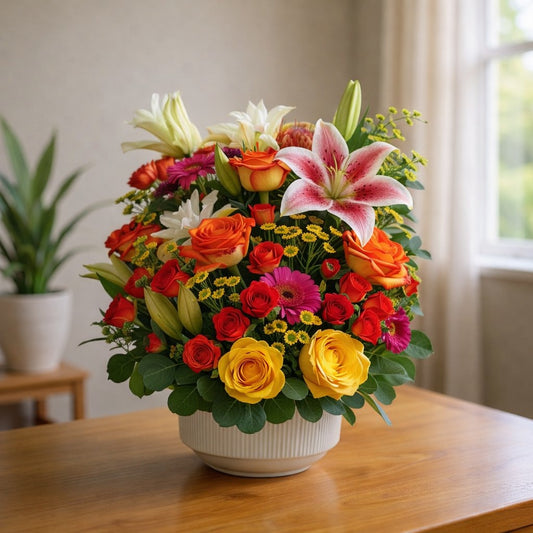 Vibrant mixed flower arrangement with orange roses, red blooms, and white lilies in a round vase on a wooden table — Same-day flowers Carlsbad.
