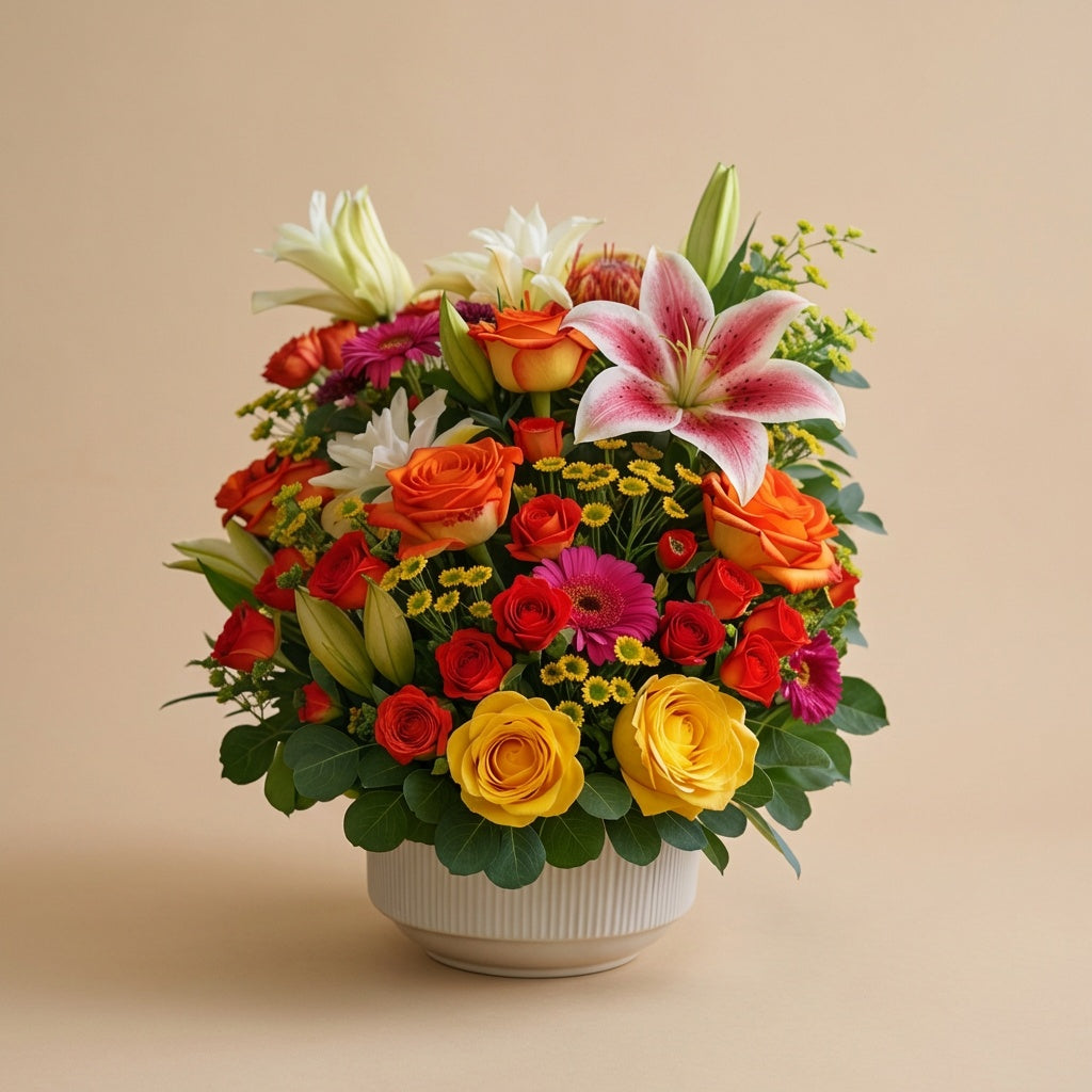 Vibrant mixed flower arrangement with orange roses, red blooms, and white lilies in a round vase on a wooden table — Same-day flowers Carlsbad.