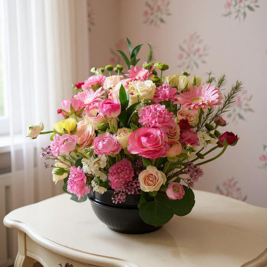 Pink and white fresh flower arrangement with roses, carnations, and greenery in a black vase on a table by the window — Fresh flowers Carlsbad CA.