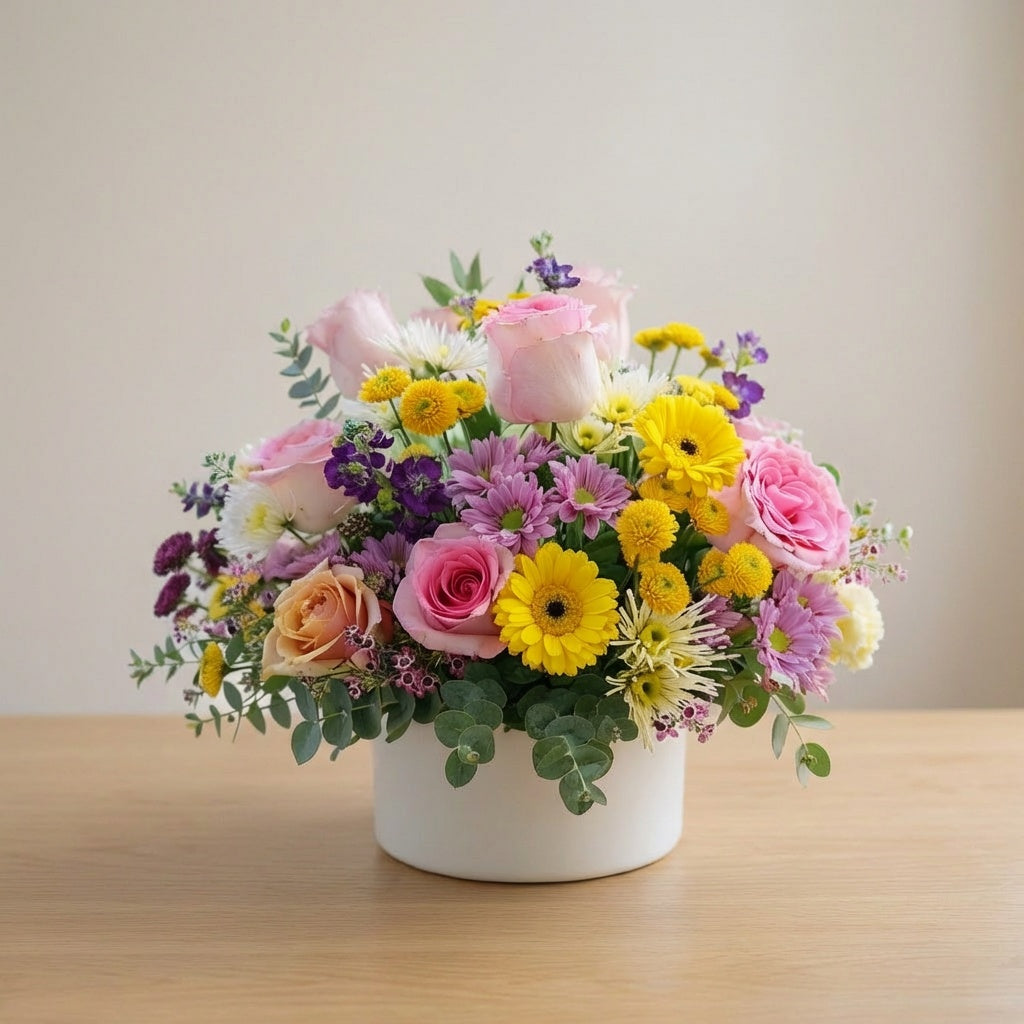 Bright mixed flower arrangement with pink roses, yellow gerbera daisies, lavender mums, and eucalyptus in a white ceramic vase – Carlsbad flower delivery