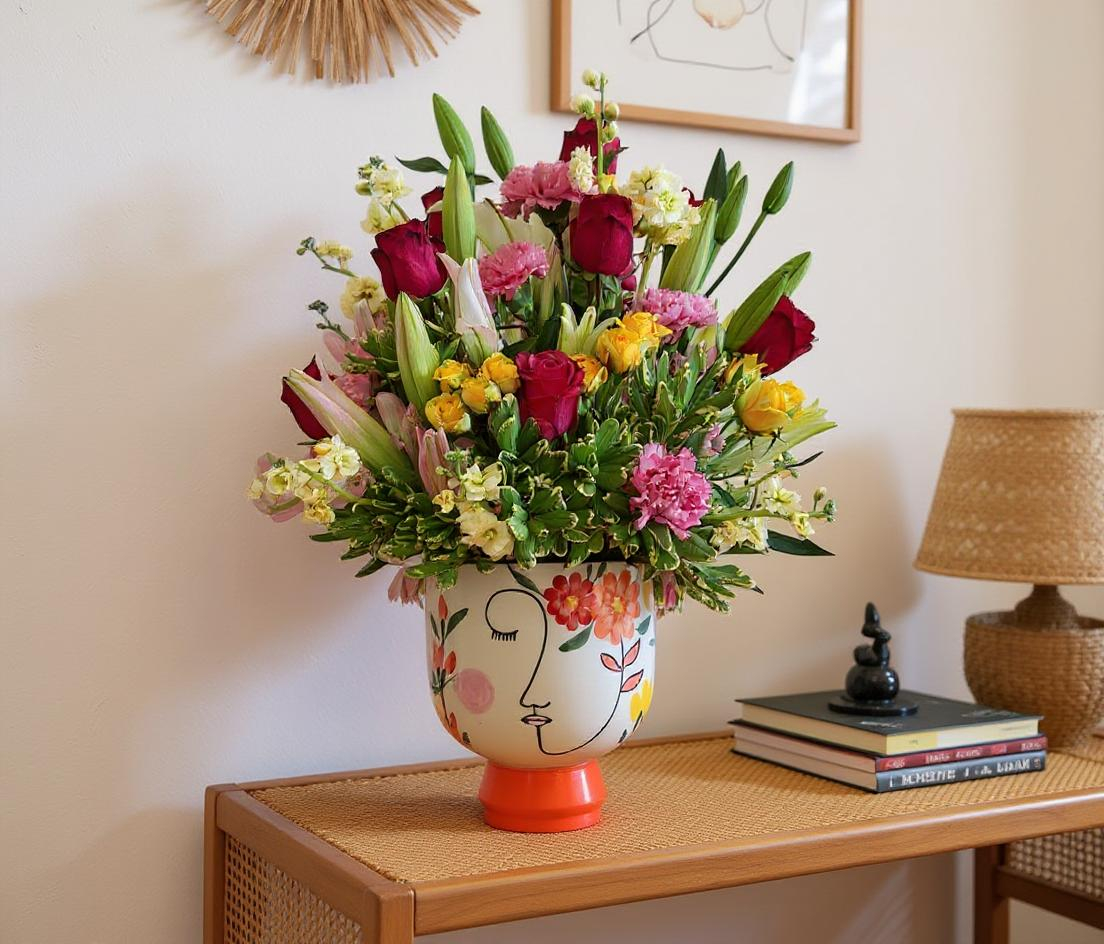 Whimsical Sunshine – Rose & Lily Art Vase Arrangement