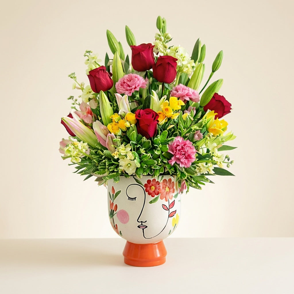 Premium red rose and lily arrangement in artistic face vase – Vista flower delivery