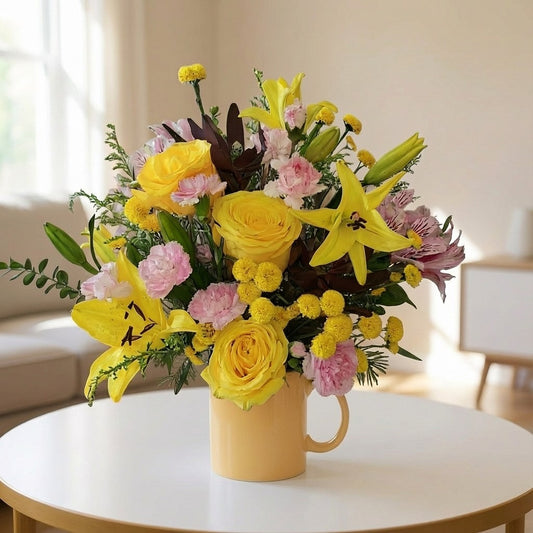 Yellow and pink floral arrangement featuring yellow roses, lilies, and pink carnations in a decorative yellow mug, handcrafted flower delivery in San Marcos, CA