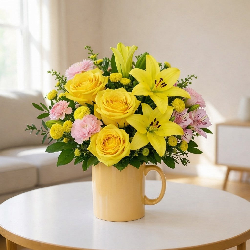 Bright yellow roses and yellow lilies arranged with soft pink carnations and greenery in a yellow mug vase — Encinitas flower delivery.