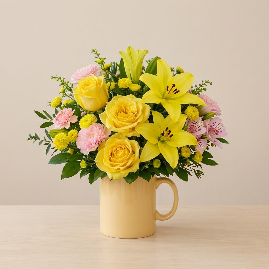 Bright yellow roses and yellow lilies arranged with soft pink carnations and greenery in a yellow mug vase — Encinitas flower delivery.
