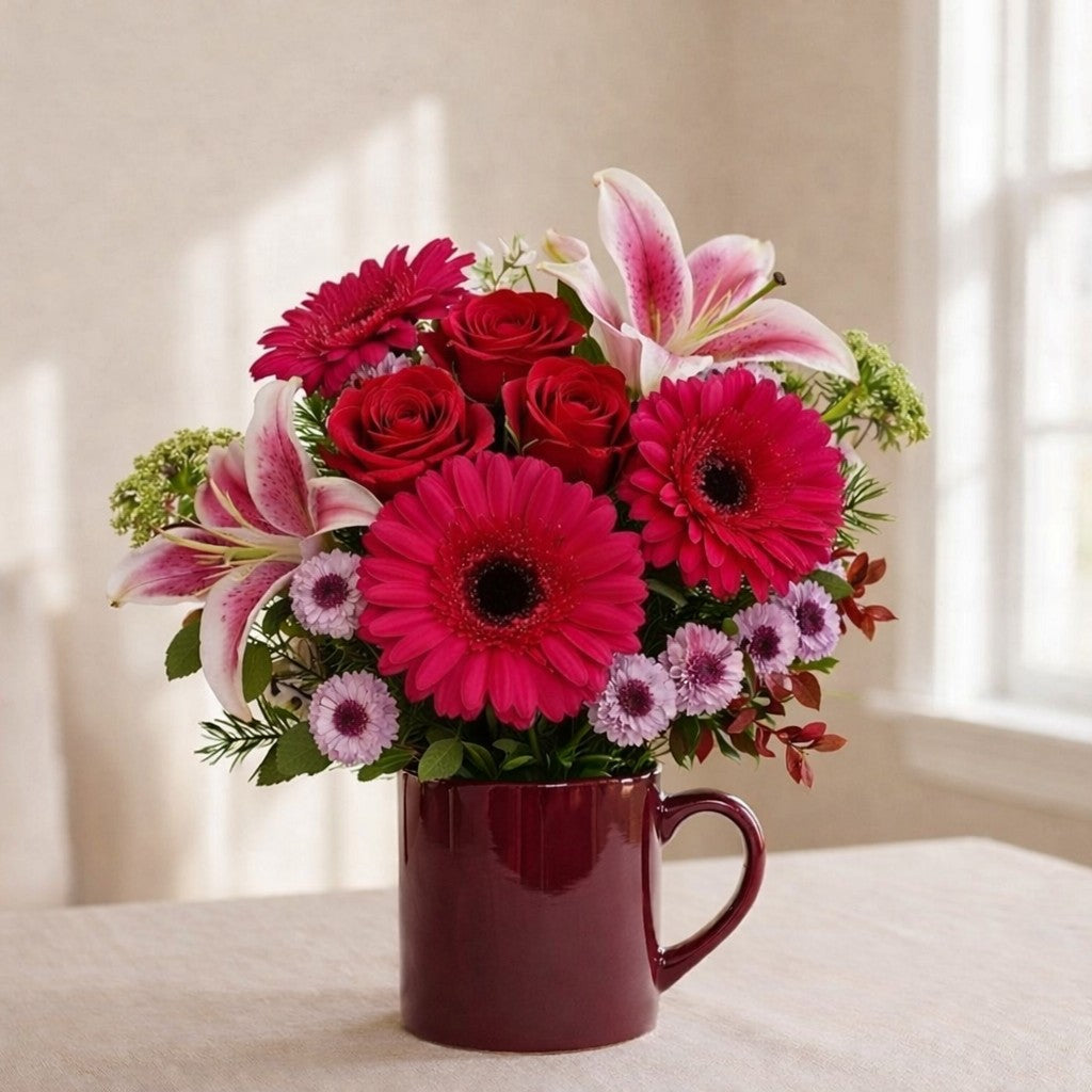 Bright pink gerbera daisies, red roses, and pink lilies arranged in a burgundy mug vase with fresh greenery — San Marcos flower delivery.