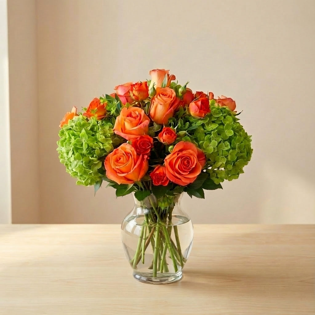 Deluxe size orange rose and green hydrangea vase arrangement with fuller blooms, styled on a light wood table in soft natural light — fresh flower delivery in Vista.