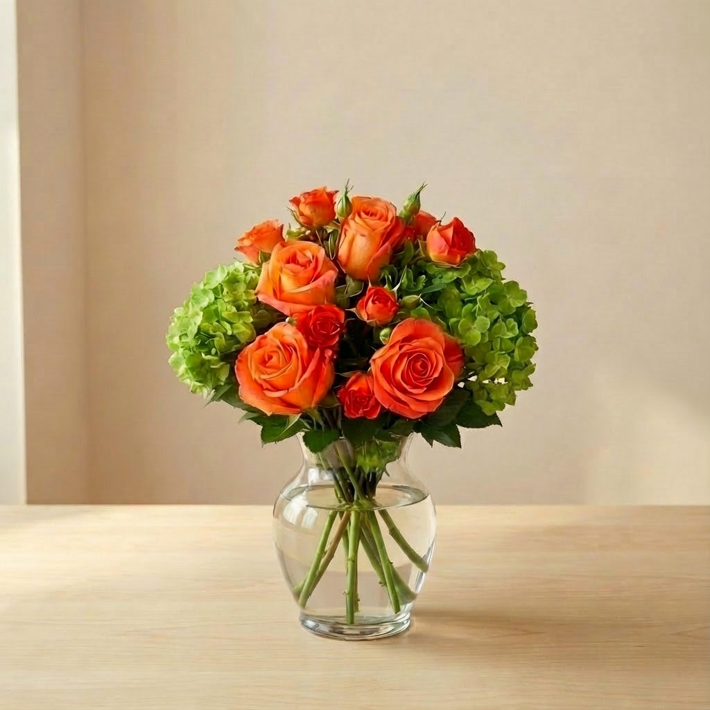 Regular size orange rose and green hydrangea vase arrangement on a light wood table, photographed in soft natural light for a clean product look — fresh flower delivery in San Marcos.