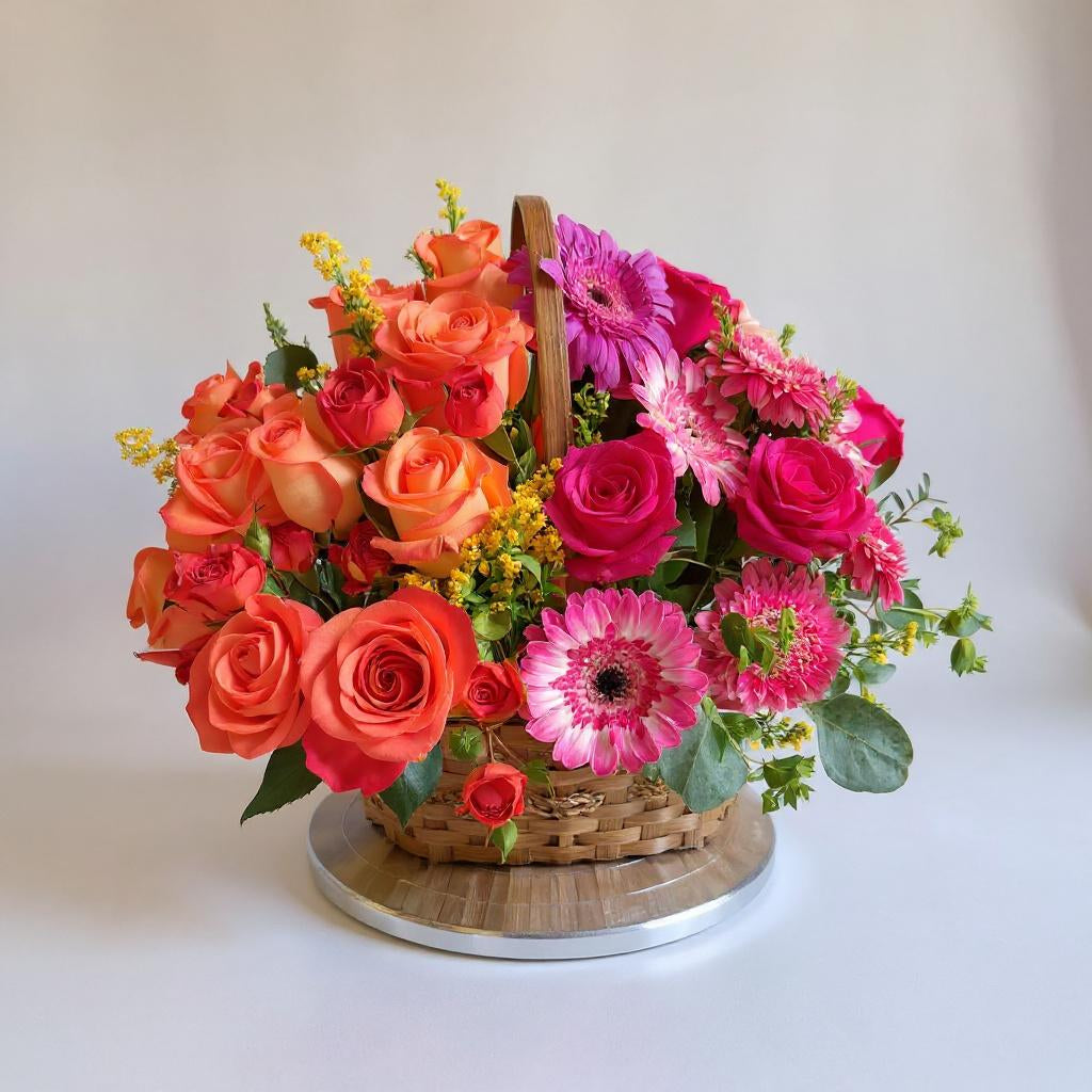 Colorful mixed rose and gerbera basket arrangement featuring pink and orange blooms with lush greenery, professionally designed florist basket - Fresh flowers Vista CA.