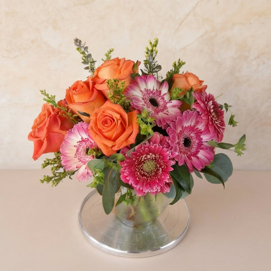 Full size orange rose and pink gerbera vase arrangement with fuller design – Oceanside flower delivery