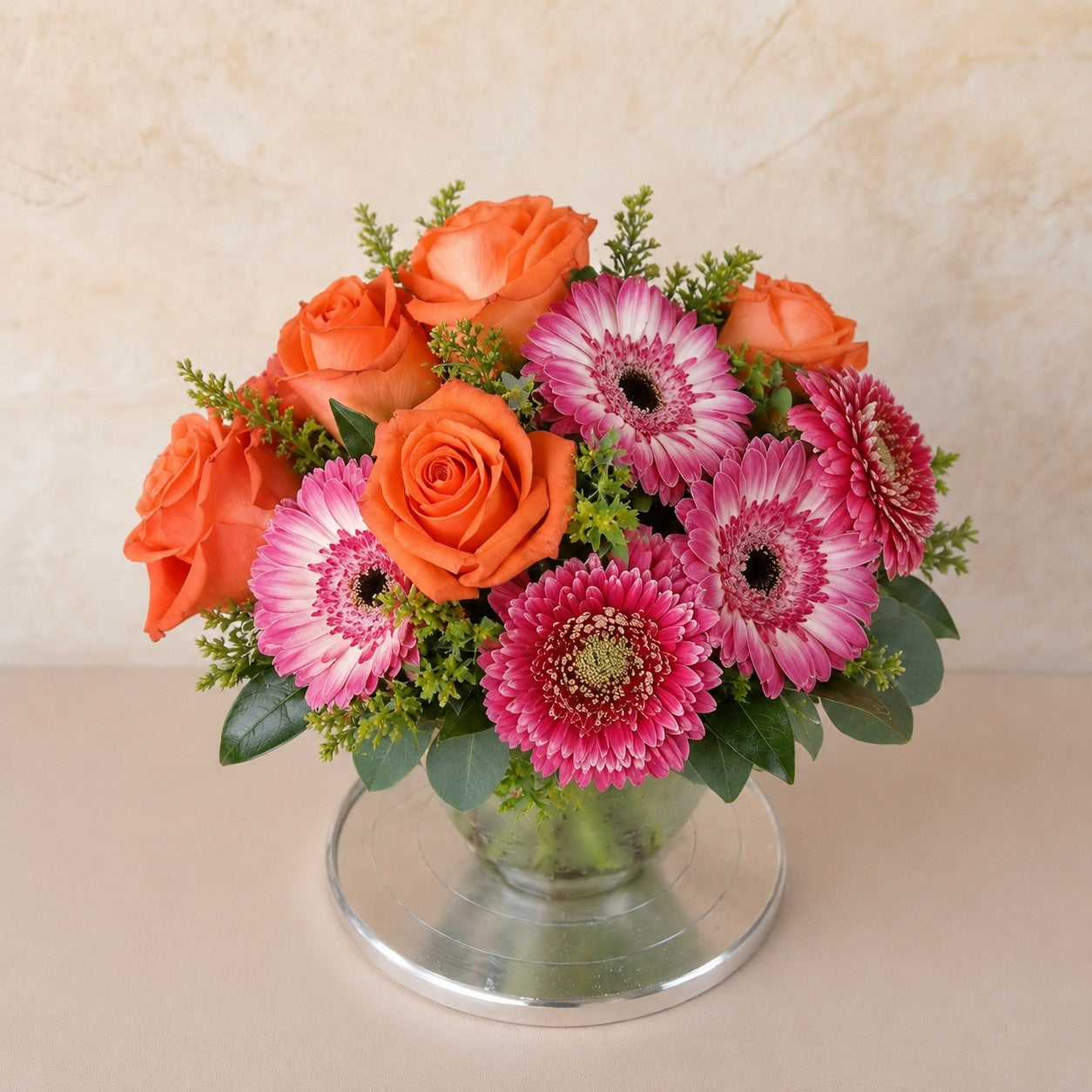 Sunset Cheer Vase – Orange Roses & Pink Gerberas