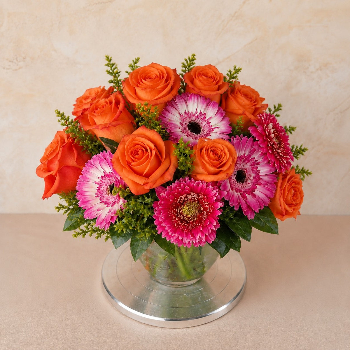 Sunset Cheer Vase – Orange Roses &amp; Pink Gerberas
