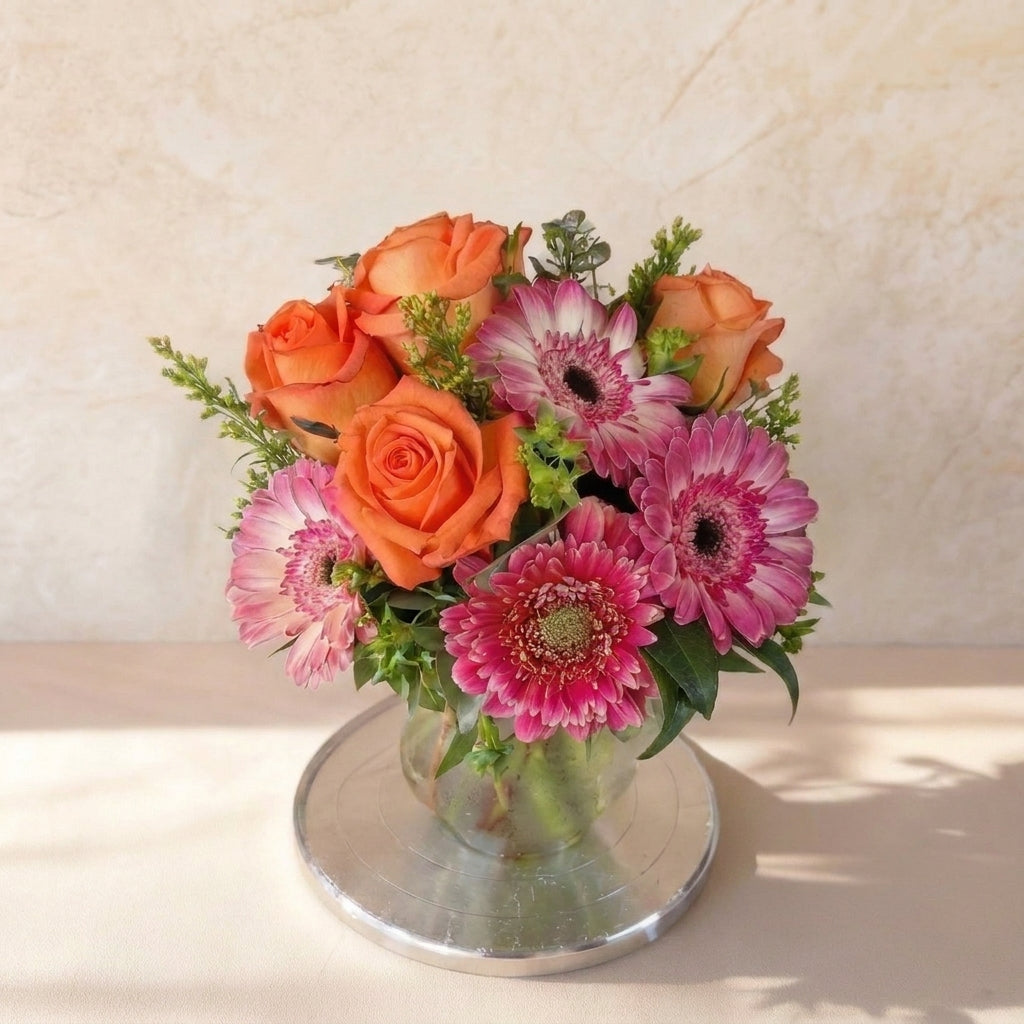 Sunset Cheer Vase – Orange Roses &amp; Pink Gerberas
