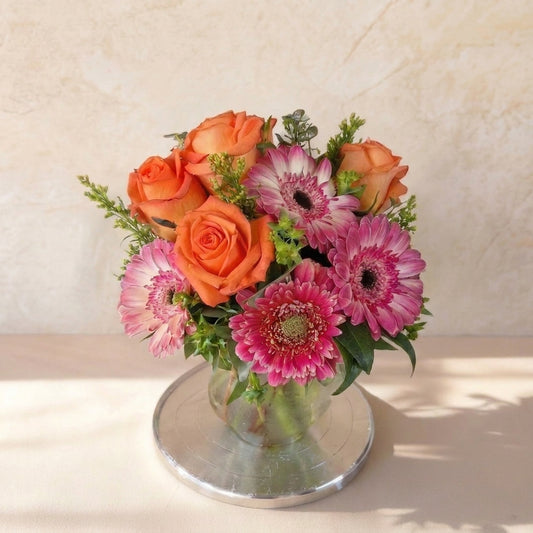Sunset Cheer Vase – Orange Roses & Pink Gerberas