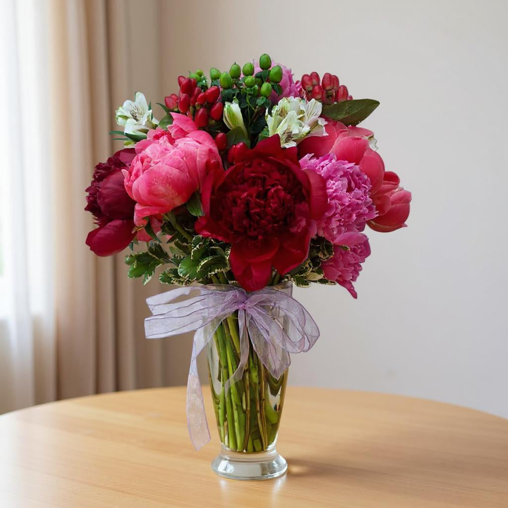 Pink &amp; Red Peony Elegance arrangement in a premium glass vase