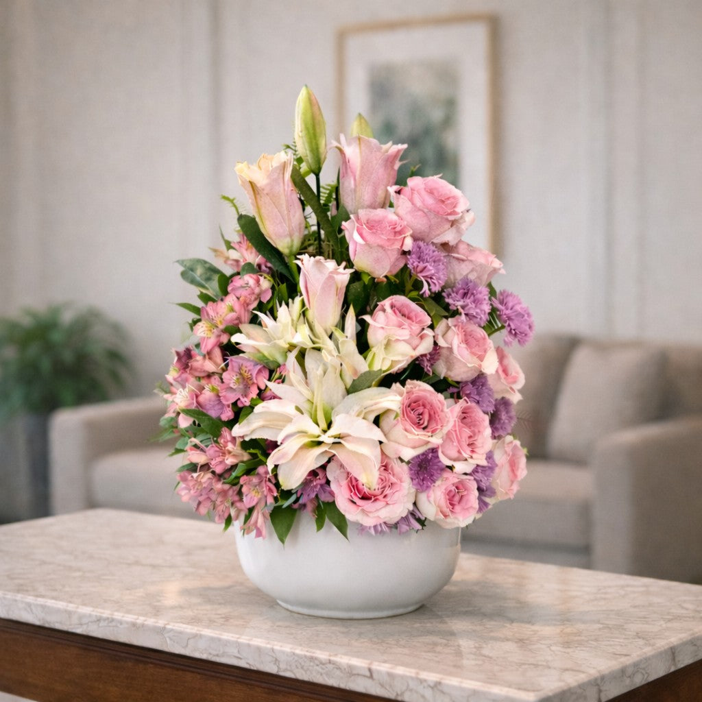 Elegant floral arrangement with blush pink roses, white lilies, pink alstroemeria, and purple accent flowers in a white ceramic bowl, handcrafted local flower delivery in Encinitas