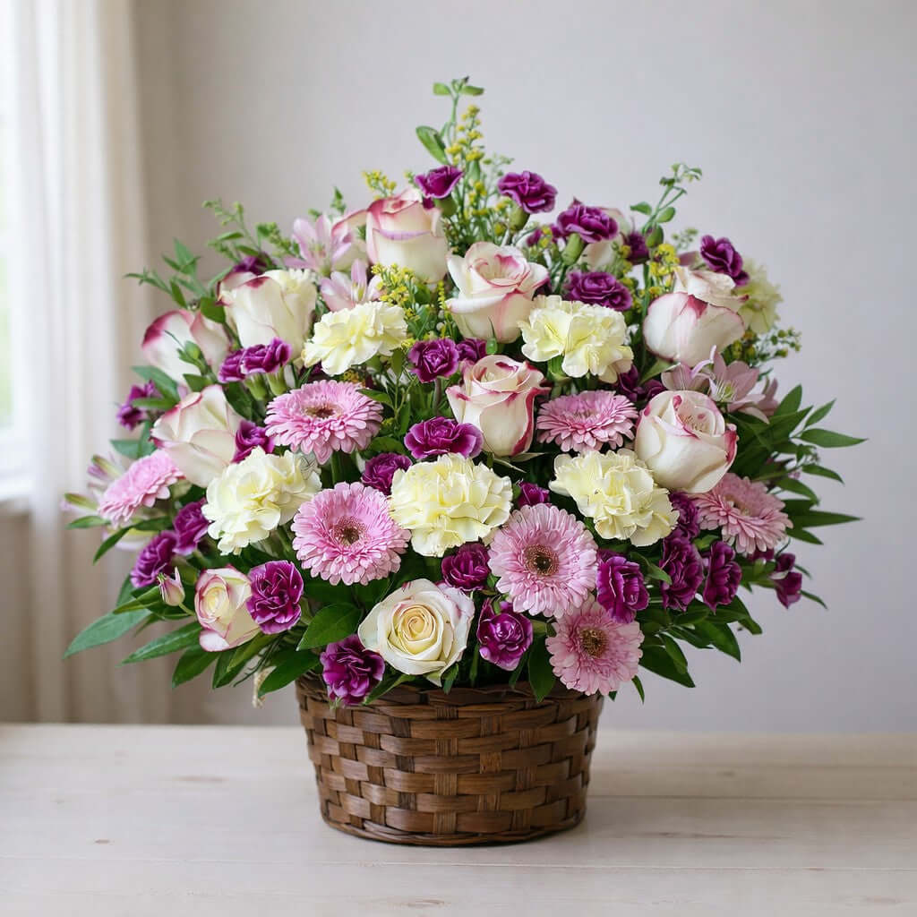 Pink and cream rose arrangement with carnations in a floral basket