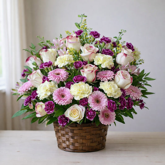 Premium pink and white rose and gerbera basket arrangement – San Marcos flower delivery
