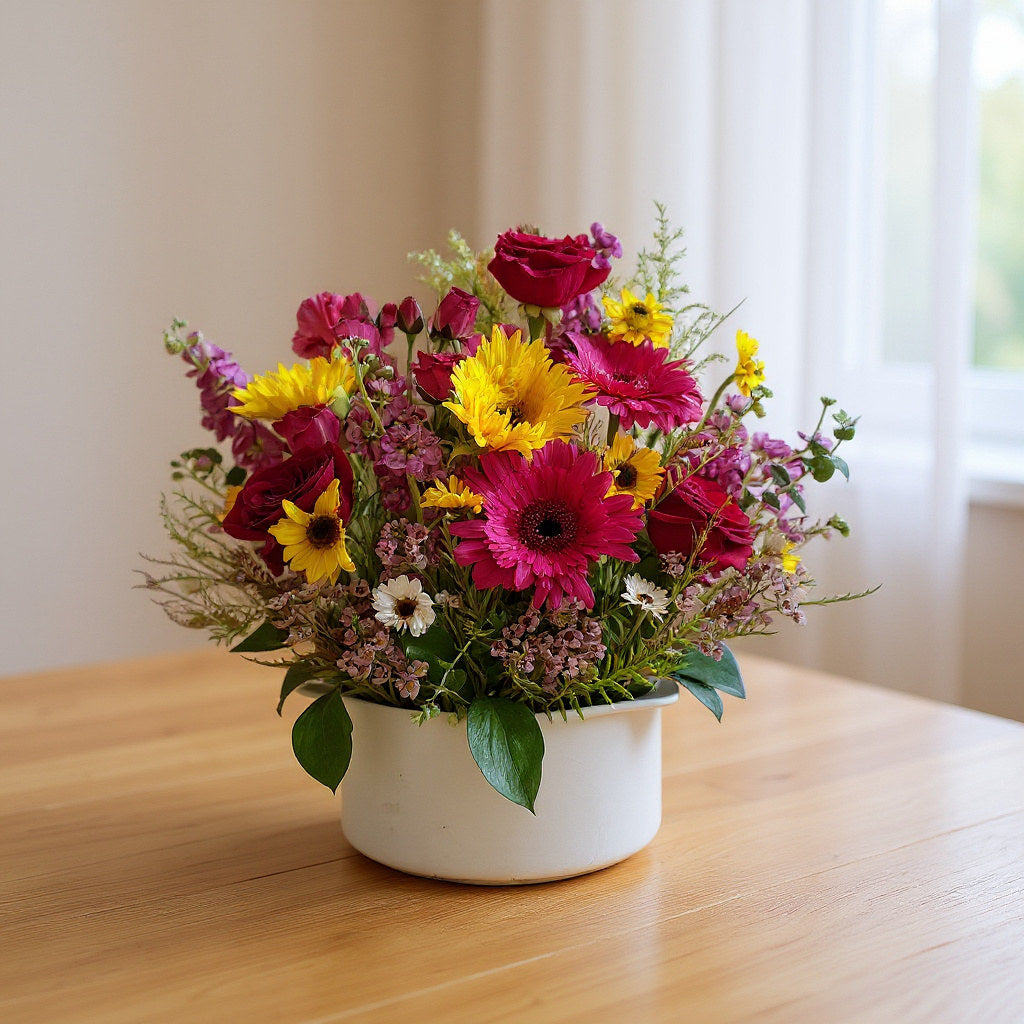 Bright mixed flower arrangement with pink gerbera daisies, yellow blooms, red ranunculus, and wildflower accents in a white vase on a wooden table in natural window light - Same-day flowers San Marcos.
