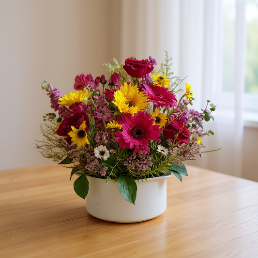 Cheerful Garden Mix – Bright Rose, Gerbera & Sunflower Basket