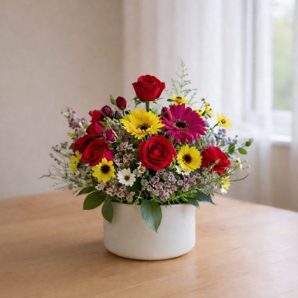 Cheerful garden flower arrangement with red roses, pink gerberas, and yellow sunflowers in a white ceramic vase – Encinitas flower delivery