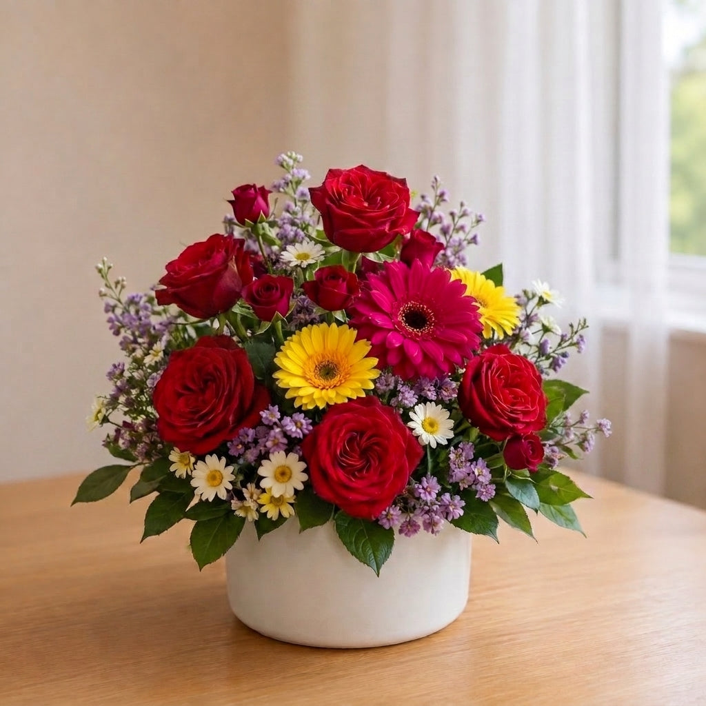 Rose gerbera and sunflower arrangement with bright colorful blooms
