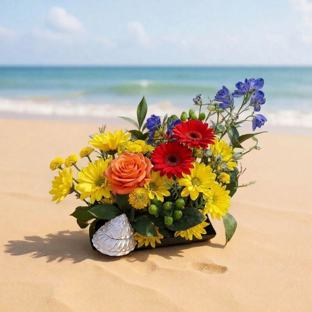 Tropical bouquet with shell featuring vibrant flowers and turban shell