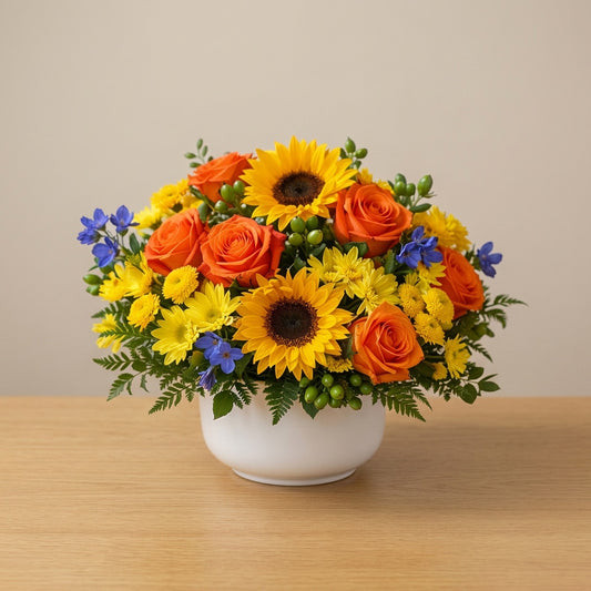 Sunflower and orange rose flower bowl with yellow mums and greenery – San Marcos delivery