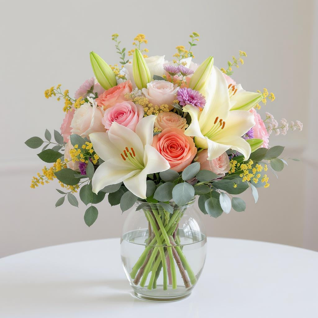Premium size flower arrangement featuring peach roses, white lilies, and mixed blooms with lush greenery in a clear vase on a light background – Same-day flowers Vista.