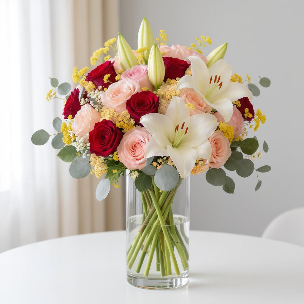 Premium size fresh flower arrangement featuring pink lilies, red roses, white lilies, and lush greenery in a clear glass vase on a light background – Fresh flowers Vista CA.