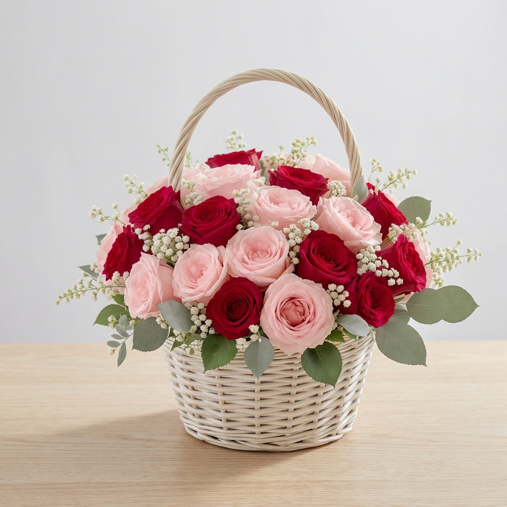 Blush &amp; Red Rose Basket filled with pink and red roses, baby’s breath, and eucalyptus on a wooden table.