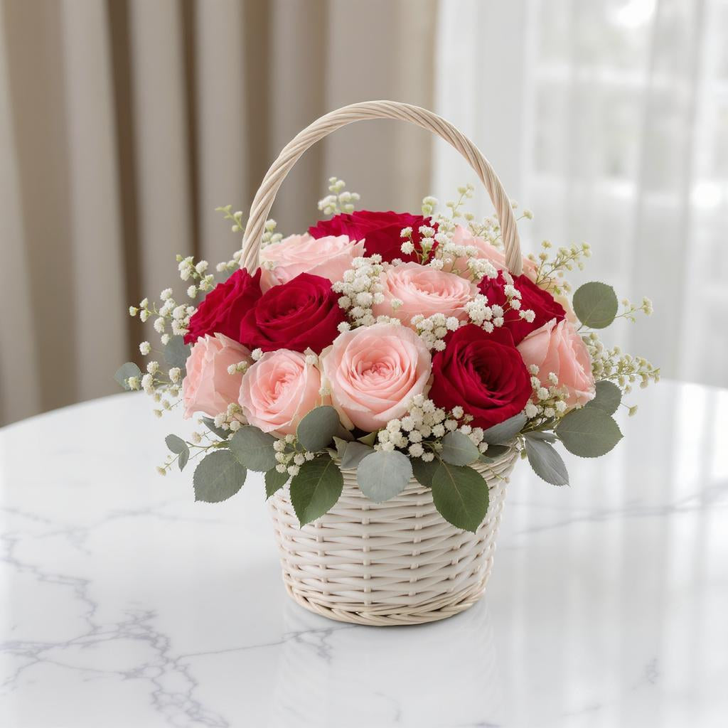 Regular size pink and red rose basket arrangement with baby’s breath and eucalyptus in a white woven basket – Vista florist.