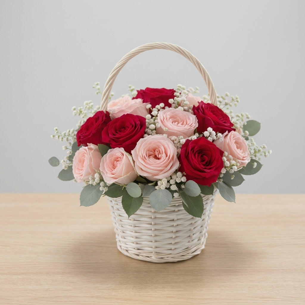 Blush &amp; Red Rose Basket close-up showing eucalyptus greenery and baby&