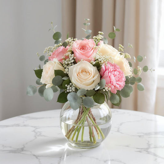 Regular size pink and cream rose bouquet with gerbera daisies, eucalyptus, and soft greenery in a clear round vase – Vista flower delivery.