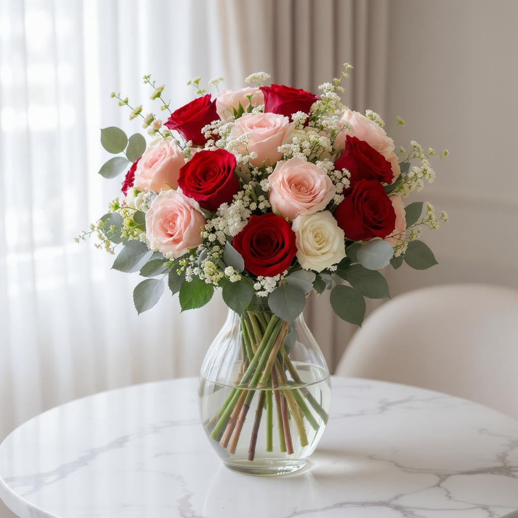 Deluxe size mixed rose bouquet featuring additional red, pink, and cream roses with eucalyptus and soft greenery in a clear glass vase – Fresh flowers San Marcos CA.