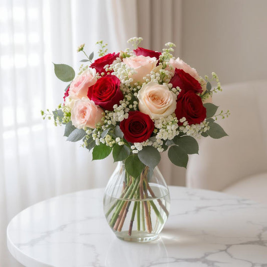 Regular size mixed rose bouquet with red, pink, and cream roses, eucalyptus, and soft greenery in a clear glass vase – Fresh flowers San Marcos CA.