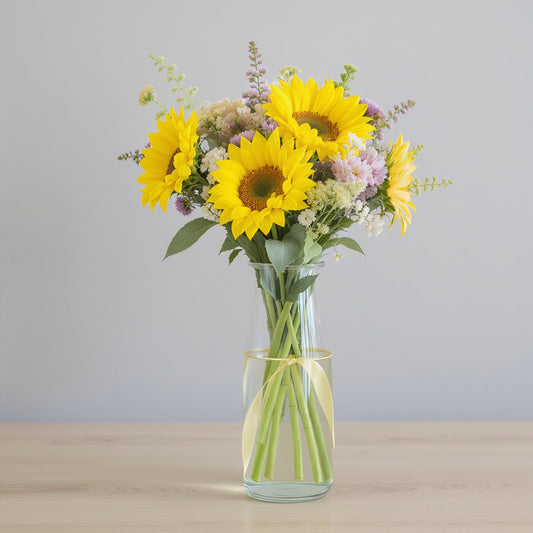 Regular size sunflower and yellow rose arrangement with soft purple accents and eucalyptus greenery in a clear glass vase on a light wooden table — fresh flowers Carlsbad CA.